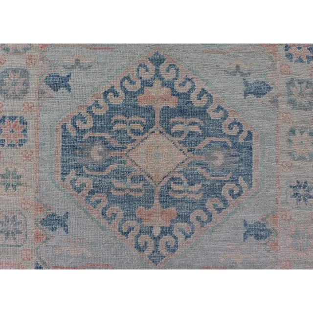 Textile Modern Oushak Medallion Design Runner With Light Blue Color by Keivan Woven Arts For Sale - Image 7 of 11