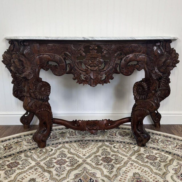 Late 20th Century Late 20th Century Hand-Carved Rococo Revival Marble Console & Mirror For Sale - Image 5 of 17