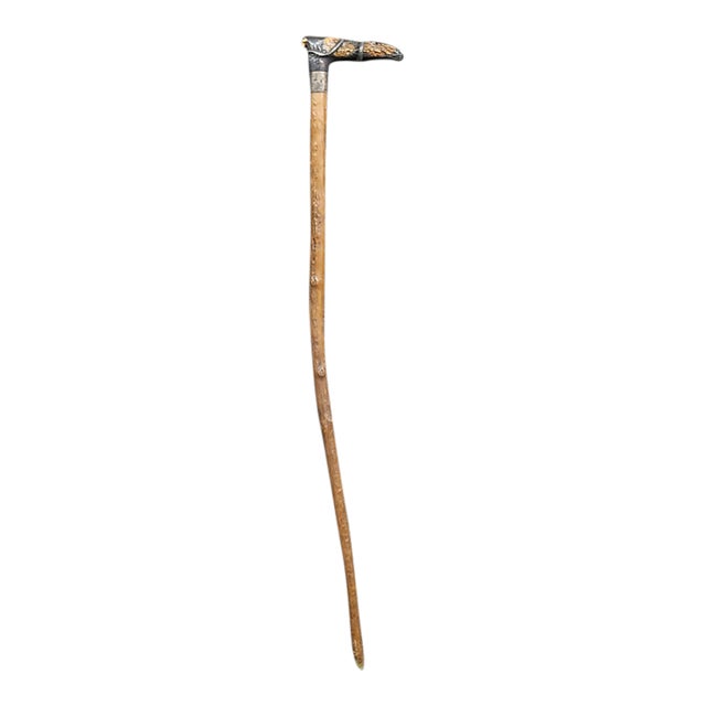 Antique English Country Walking Stick With Deer Antler and Silver Handle For Sale