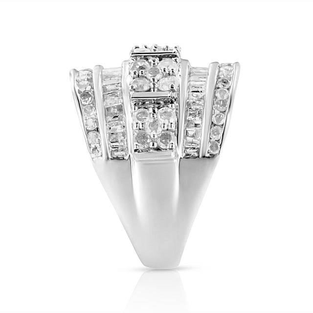 Early 21st Century .925 Sterling Silver 2.0 Cttw Round & Baguette Cut Diamond Multi-Row Channel Set Tapered Cocktail Fashion Ring - Size 7 For Sale - Image 5 of 7