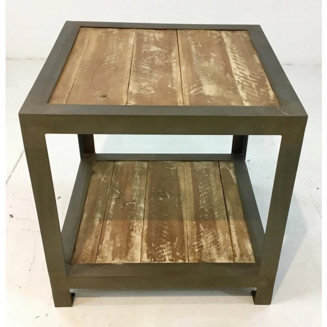 Stylish organic modern Aspen and metal side table, showroom floor sample