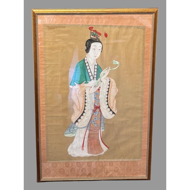 Pair of Antique Hand Painted Chinese Ancestral Portrait Paintings For Sale - Image 4 of 9