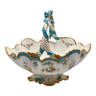 1950s Rare Royal Crown Derby Porcelain Basket Bows Flowers Gilded Edges Turquoise Exquisite Serving Piece For Sale