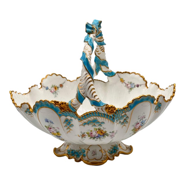 1950s Rare Royal Crown Derby Porcelain Basket Bows Flowers Gilded Edges Turquoise Exquisite Serving Piece For Sale