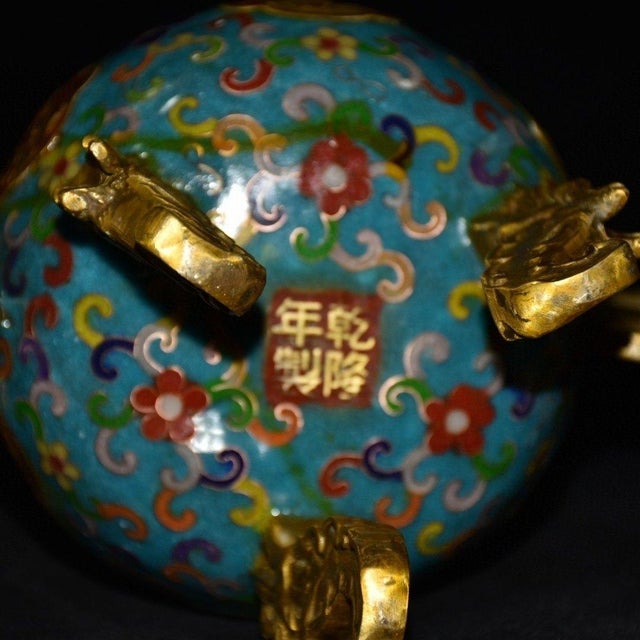 Mid 20th Century Elegant Vintage Chinese Cloisonné Enamel & Gilt Bronze Tripod Censer on Stand For Sale - Image 5 of 9