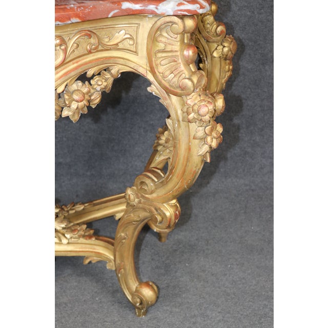 19th Century French Rococo Carved Giltwood Marble Top Console Table For Sale In Philadelphia - Image 6 of 14