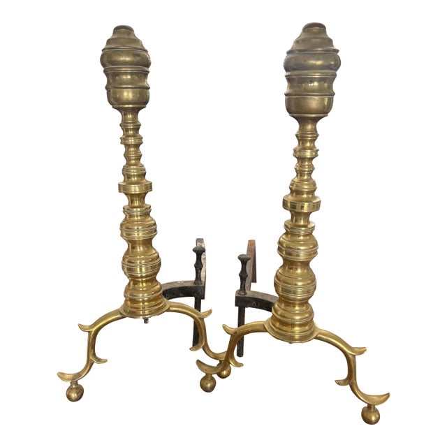 Antique 19th Century Classic Tall Beehive Brass Andirons With Exaggerated Ball Feet- a Pair For Sale