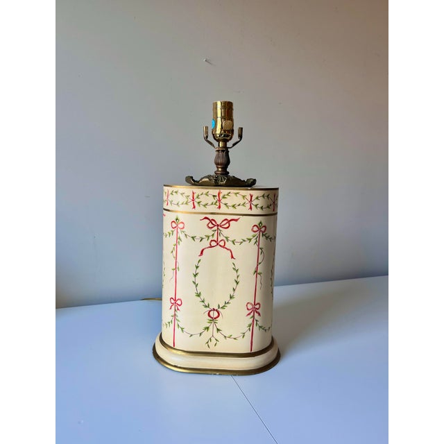 Vintage signed Chelsea House hand-painted green topiary wreath and ribbon bow table lamp with brass accents. “CH” stamped...