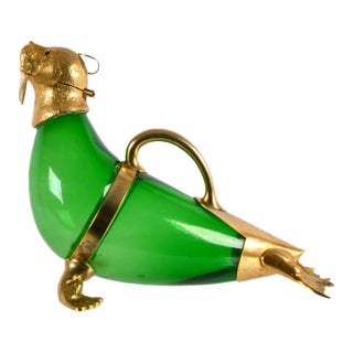 Vintage Green Glass & Gilt Metal Walrus Claret Wine Decanter For Sale