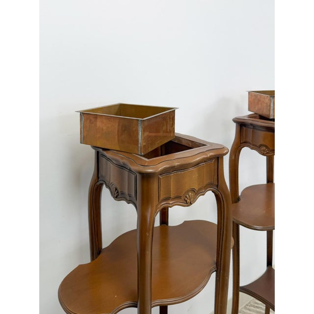 French Provincial Planter Box Stand Side Table Copper Tray Vintage Pair For Sale - Image 12 of 12