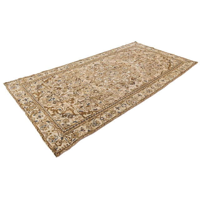Vintage Hand-Knotted Neutral Medallion Area Rug in Warm Camel, Ivory & Slate Blue For Sale - Image 10 of 10