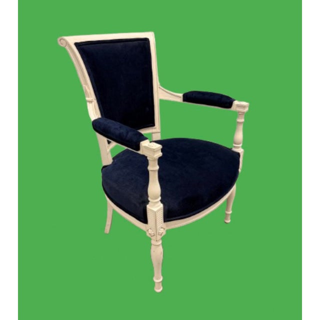 Mid 20th Century Vintage Classic French “ Petite “ Louis XVI Style Armchairs Featuring Deep Navy Blue Velvet Upholstery - A Pair For Sale - Image 5 of 12