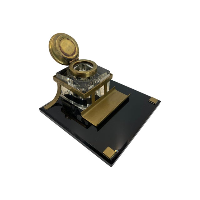 Art Deco Lacquered Desk Set with Brass Bound Bevelled Glass Inkwell, Set of 4 For Sale - Image 14 of 18