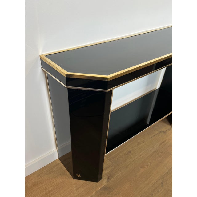 1970s 1970s Black and gold lacquered metal console signed by French designer Jean-Claude Mahey For Sale - Image 5 of 12