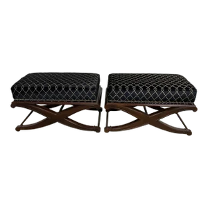 Pair of Ottomans by Sam Moore Furniture (Hooker Furniture Co) Black & Gold Fabric With Mahogany X Form Legs