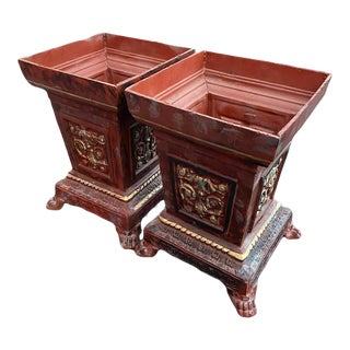 Monumental Antique French Cast Iron Garden Planters Painted With Claw Feet - A Pair For Sale