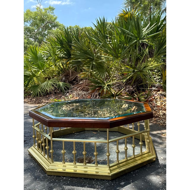 Brass Vintage Solid Brass & Wood Octagonal Coffee Table With Thick Glass Top | Hollywood Regency Cocktail Table For Sale - Image 8 of 8