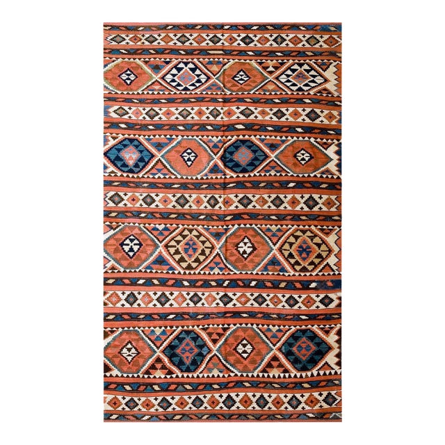 1930s Multicolor Geometric Kilim Antique Caucasian Kuba Flat-Weave Rug 5'4" X 8'8" Wool Carpet For Sale