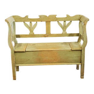 Antique Early 1900s Scandinavian Swedish Green Painted Pine Storage Bench For Sale