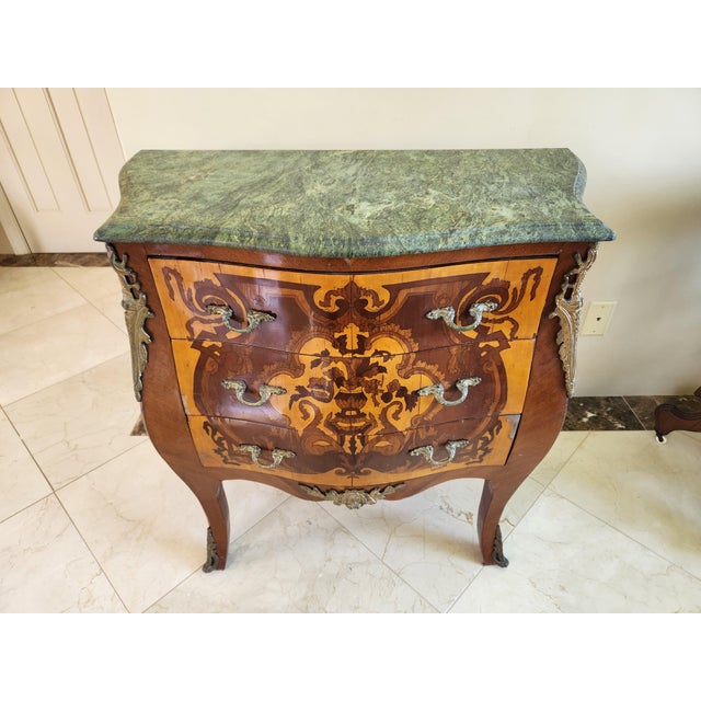 Elegant French Louis XV Style Rosewood Commode With Heavy Green Marble Top & Ormolu Mounts For Sale - Image 11 of 11