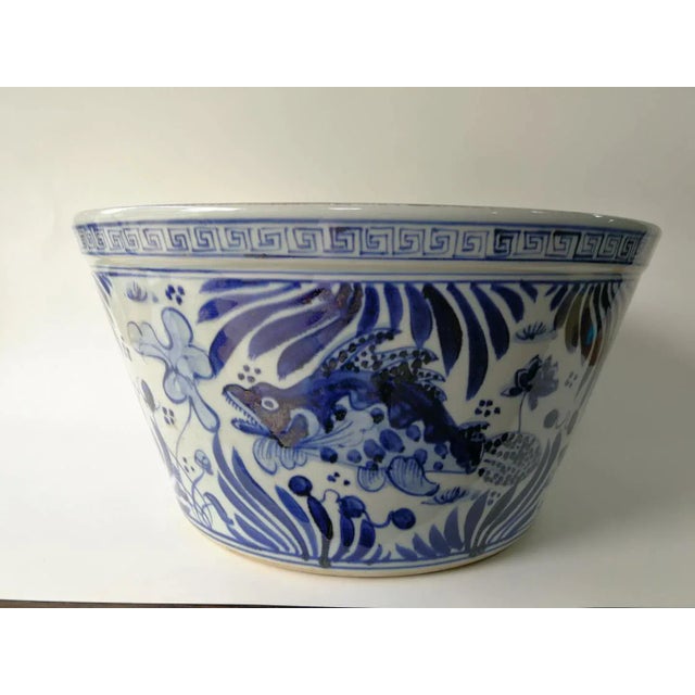 Chinese Blue and White Oriental Fish Bowl Planter For Sale - Image 4 of 11