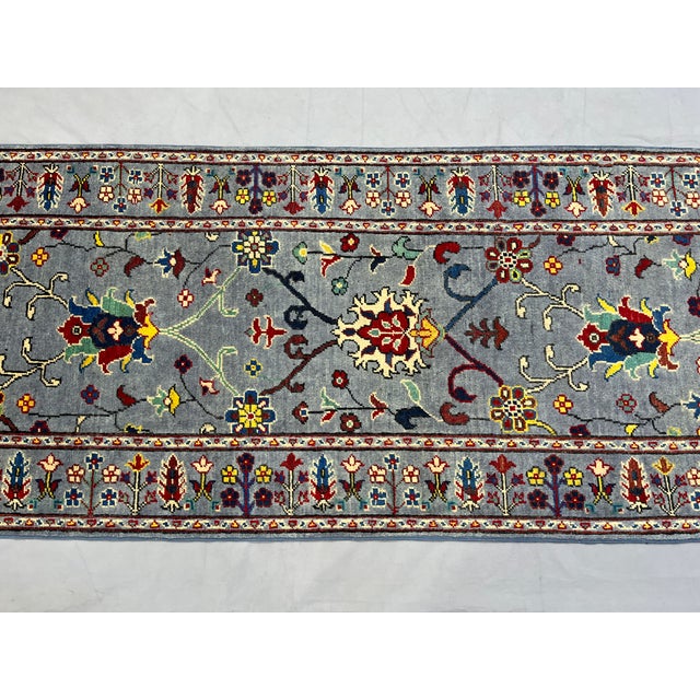 Art Deco Blue Gray and Red Floral Wool Runner Rug, Persian Style, 2'9" X 9'7" For Sale - Image 3 of 17