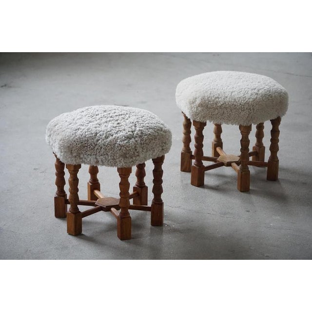 Mid-Century Danish Oak Stools with Shearling Lambswool Upholstery, 1950s, Set of 2 For Sale - Image 9 of 15