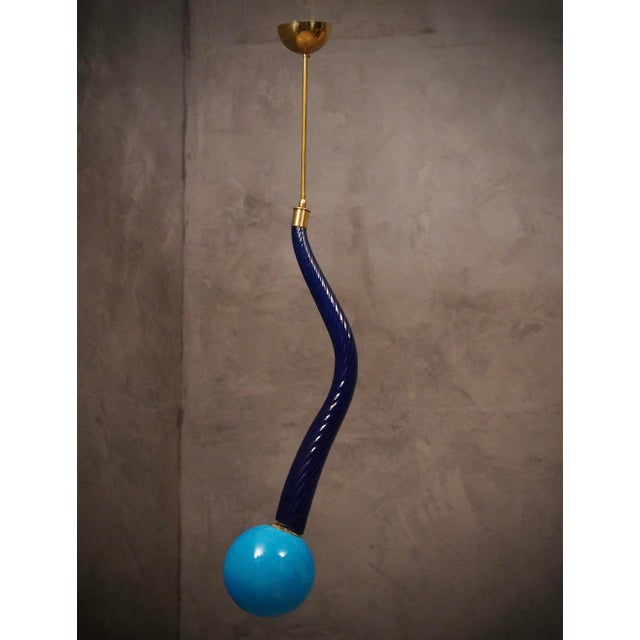 1960s Murano Round Blue Glass and Brass Pendant Light, 1960 For Sale - Image 5 of 11