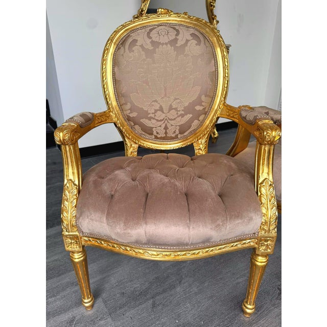 1990s French Style Light Brown Tan Velvet Chair Set With Gold Leaf Details For Sale - Image 4 of 9