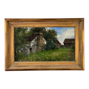 Antique American School Farmstead Landscape Oil Painting, Circa 1900
