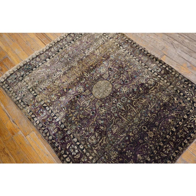 Great Eggplant Purple Background and Detail of Rossette Floral Border Geometric Design Antique Persian Silk Kashan by Kazan For Sale - Image 4 of 15