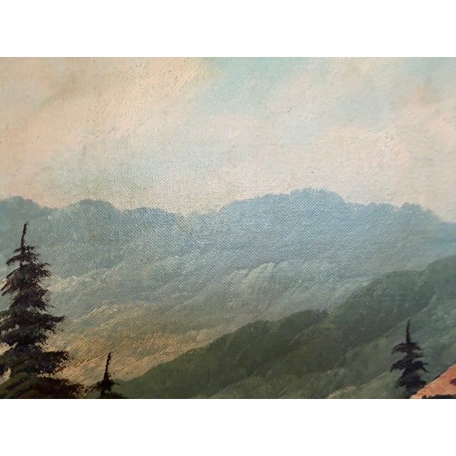 Green Large VTG Alpine Mountain Landscape Oil Painting European Cabin Framed Signed For Sale - Image 8 of 15