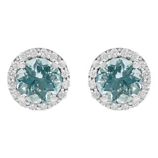 10K White Gold Blue Aquamarine and 1/6 Cttw Diamond Halo Stud Earring For Sale