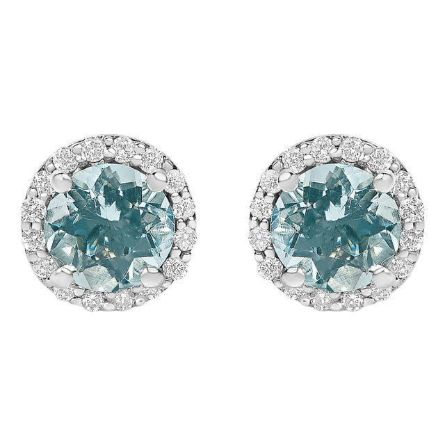 10K White Gold Blue Aquamarine and 1/6 Cttw Diamond Halo Stud Earring For Sale