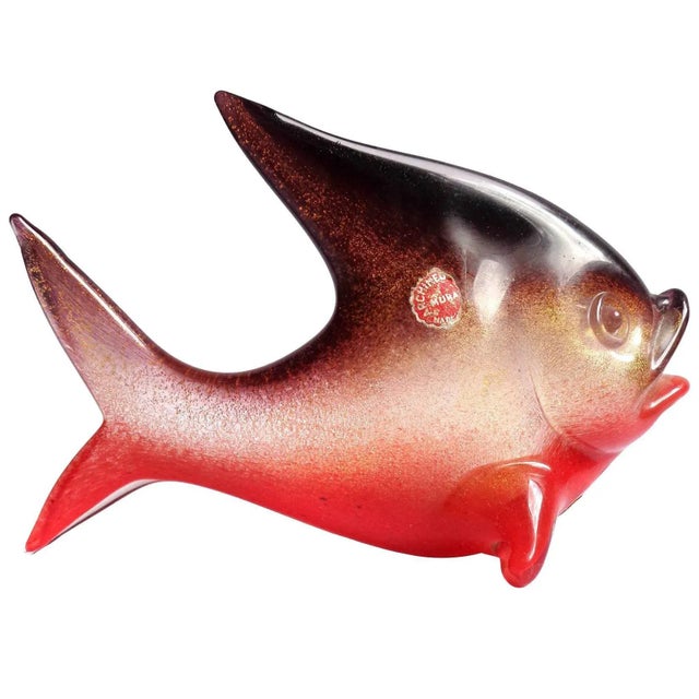 Murano Seguso Vintage Red Purple Gold Flecks Italian Art Glass Standing Fish Figure Sculpture For Sale In Orlando - Image 6 of 6