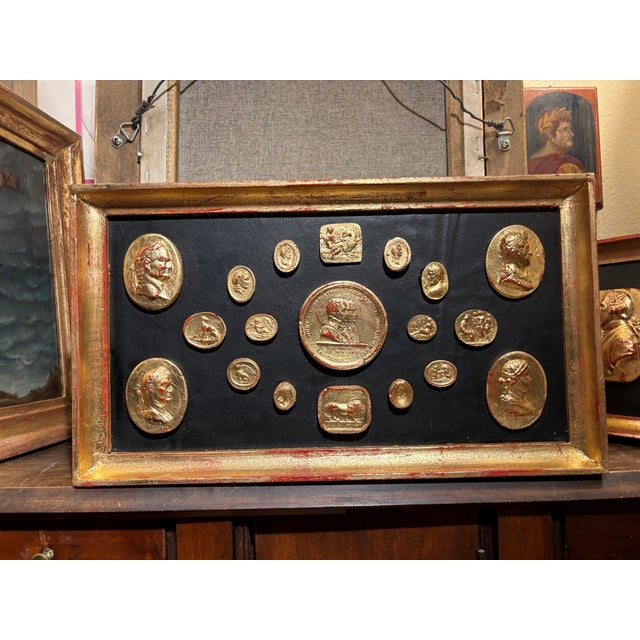 Vintage Classical Grand Tour Gilded Cameo Intaglio Arrangement in Giltwood Frame For Sale - Image 9 of 10