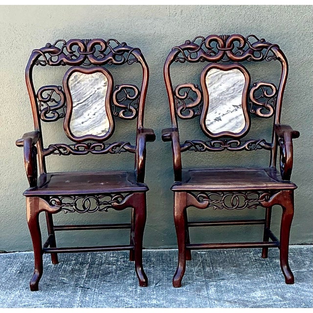 Vintage Asian Carved Hardwood Chairs - A Pair For Sale - Image 10 of 12