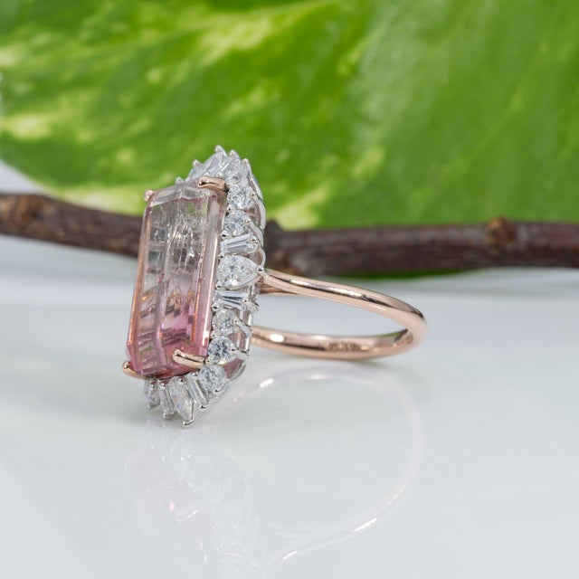 Metal 9.2Ct Bi-Color Tourmaline Ring With Lab Diamond Accents: Solid 14k Gold, 16x9mm, Size 6.75 For Sale - Image 7 of 9