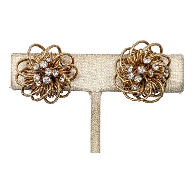 Vintage 1960s Signed Castlecliff Goldtone & Clear Rhinestones Flower Clip Earrings-2 Pieces For Sale