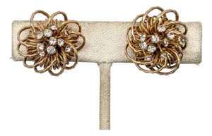 Vintage 1960s Signed Castlecliff Goldtone & Clear Rhinestones Flower Clip Earrings-2 Pieces