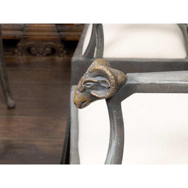 Set of Four Midcentury Italian Metal Armchairs with Brass Rams' Heads For Sale In Atlanta - Image 6 of 9