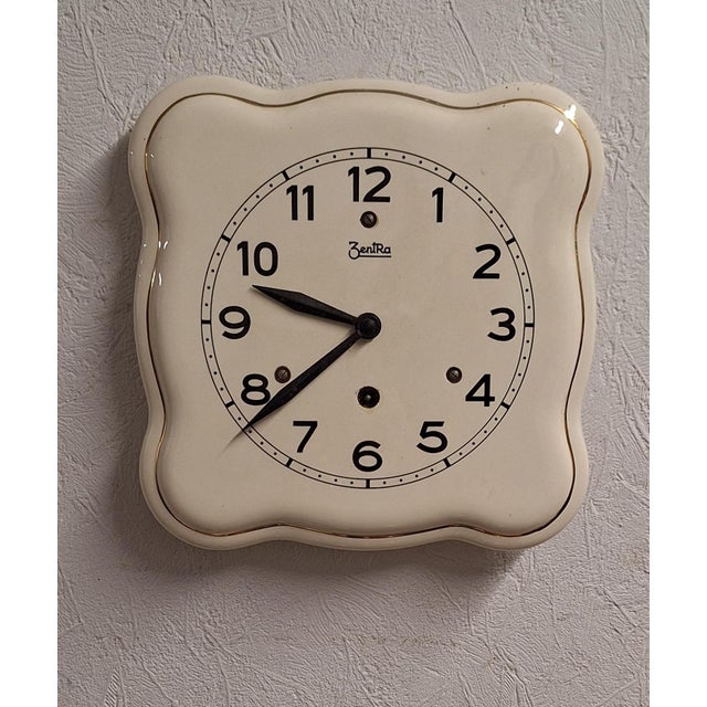 Art Deco German Mechanical Wall Clock with Cream Ceramic Case from Zentra, 1930s For Sale - Image 6 of 6