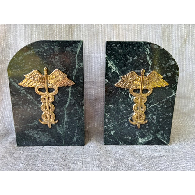 Vintage Medical Caduceus Green Italian Marble Heavy Bookends a Pair For Sale - Image 13 of 16