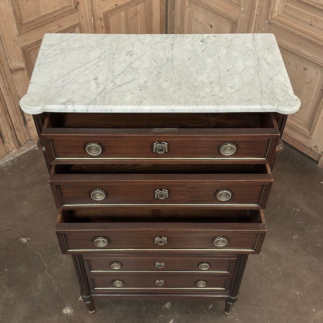 19th Century Louis XVI Mahogany Carrara Marble Top Semainier ~ Tall Chest of Drawers For Sale - Image 17 of 18