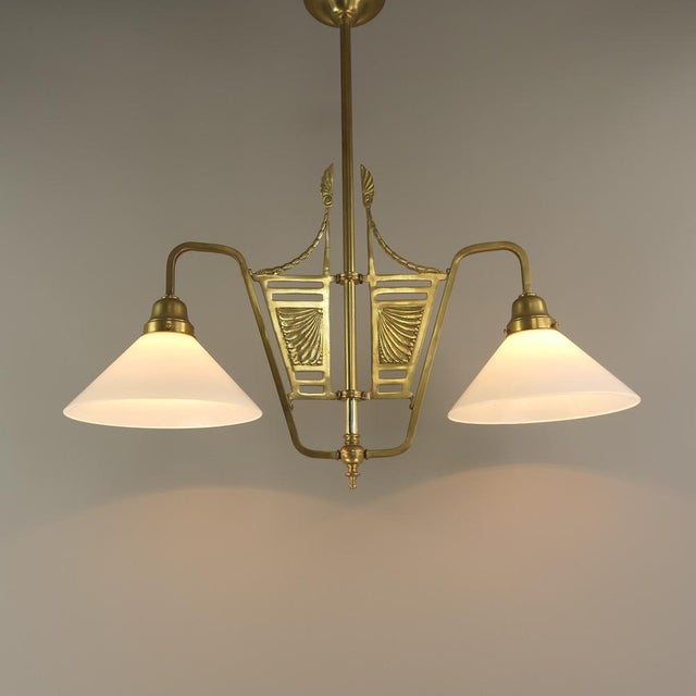 1920s French Chandelier in Brass with Opal Glass Shade, 1890s For Sale - Image 5 of 7