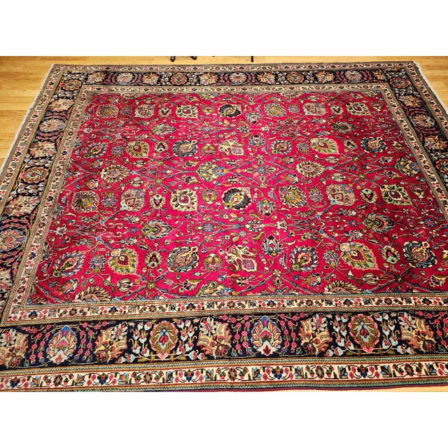 Persian Vintage Tabriz Room Size Rug in Allover Floral Pattern in Red, Navy, Turquoise, Green For Sale - Image 3 of 12