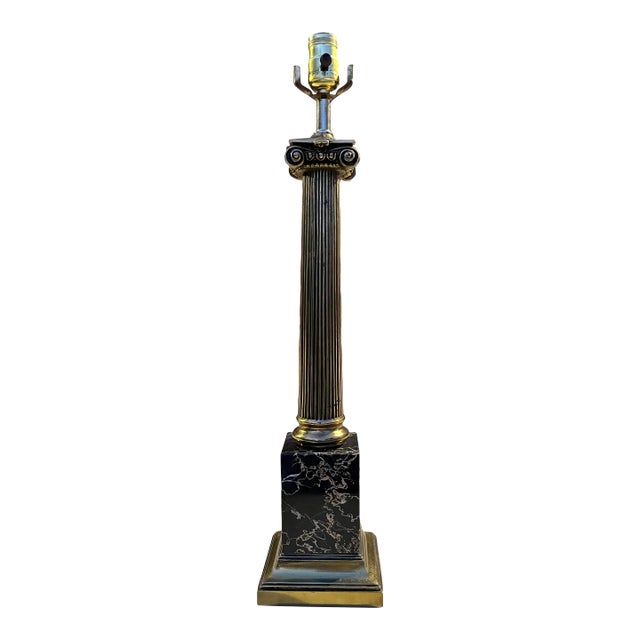 Midcentury Portoro Marble & Brass Ionic Column Table Lamp Italy For Sale