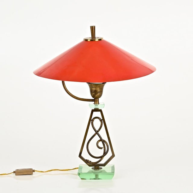 Gold Adjustable Table Lamp in Red Metal, Brass and Green Glass from Stilnovo, Italy, 1950s For Sale - Image 8 of 17