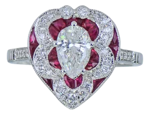 18k (750) White Gold - Pear Shape Ring: Natural Diamond and Ruby