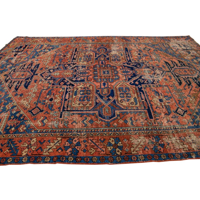 Antique Heriz Persian Handmade Medallion Motif Rusted Wool Rug For Sale In New York - Image 6 of 10